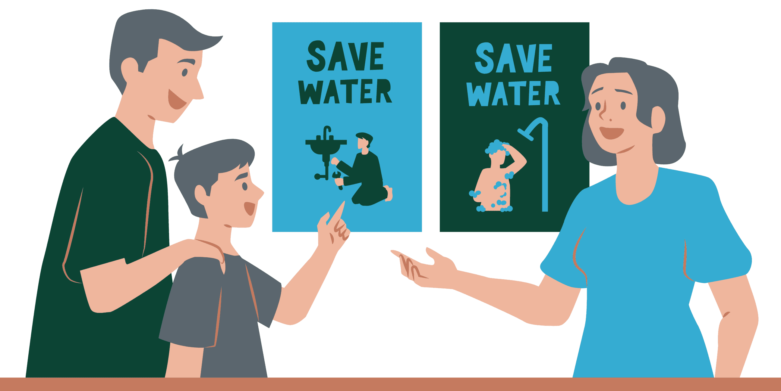 This picture shows a mom, dad, and son looking at images of water saving posters.