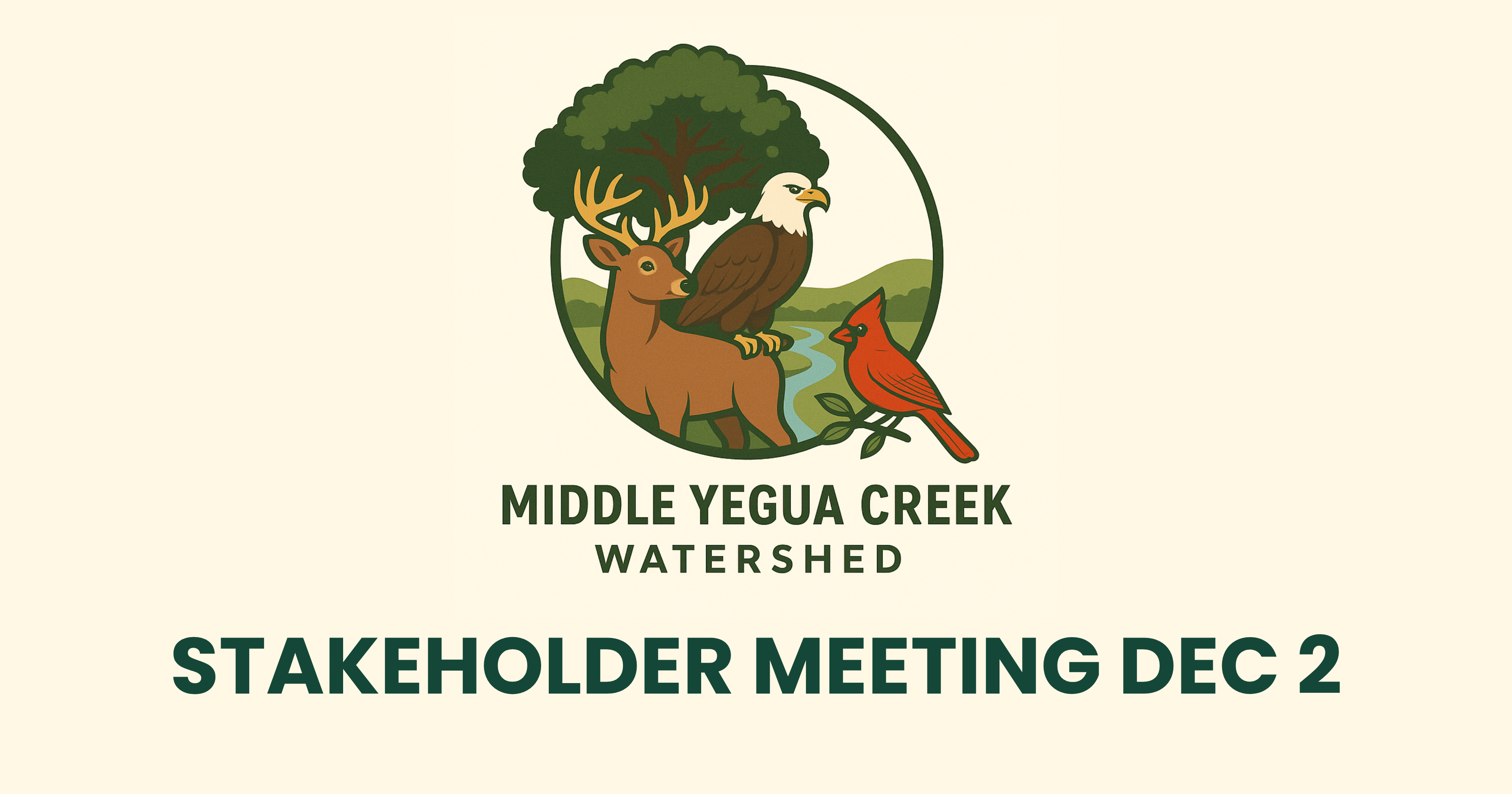 Logo of eagle, dear, oak tree, and red cardinal with words over lay