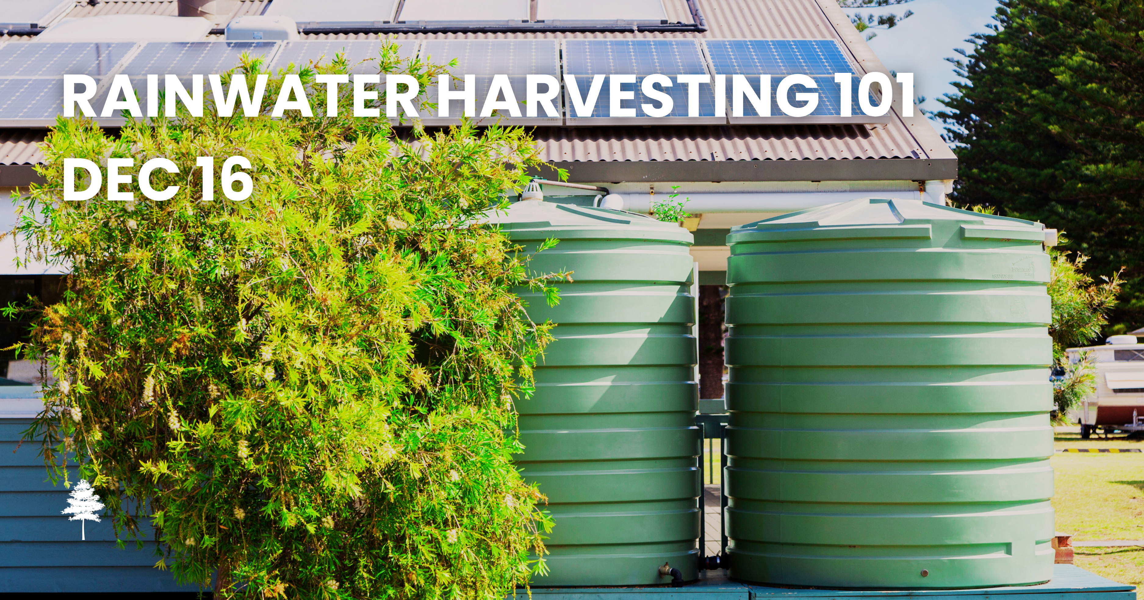 Two large rainwtaer harvesting tanks with word overlay