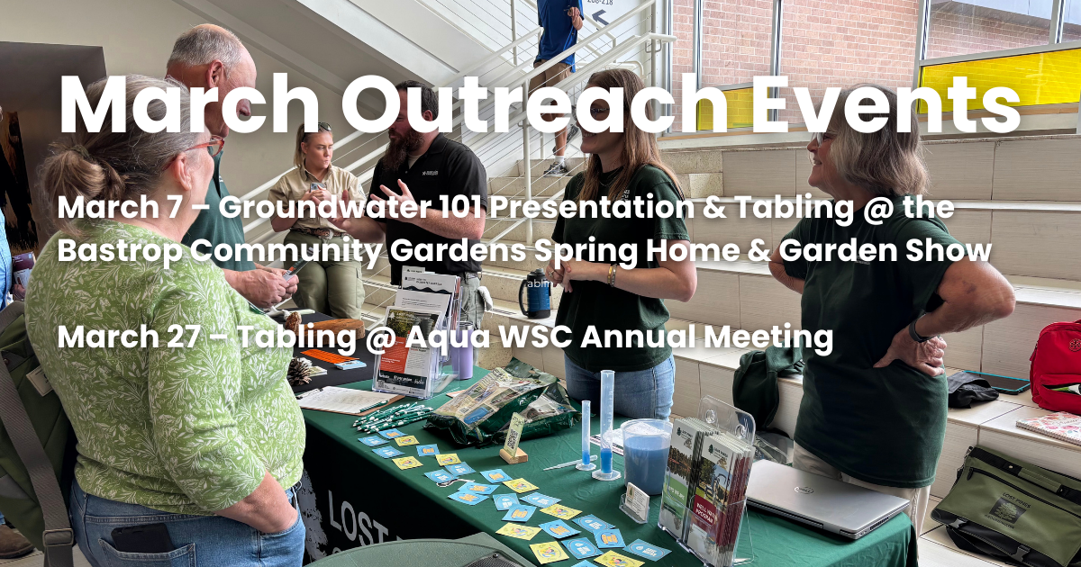 March Outreach Events graphic listing March 7 Groundwater 101 and March 27 Aqua WSC tabling