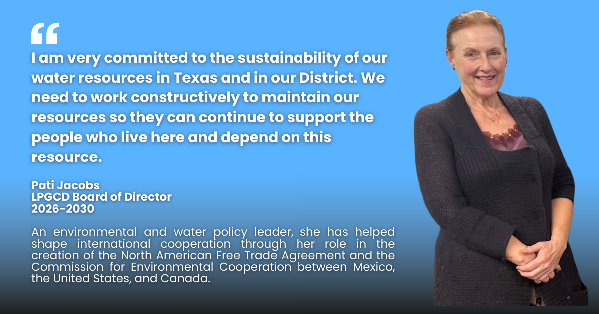 Photo of Pati Jacobs with quote about sustaining Texas water resources