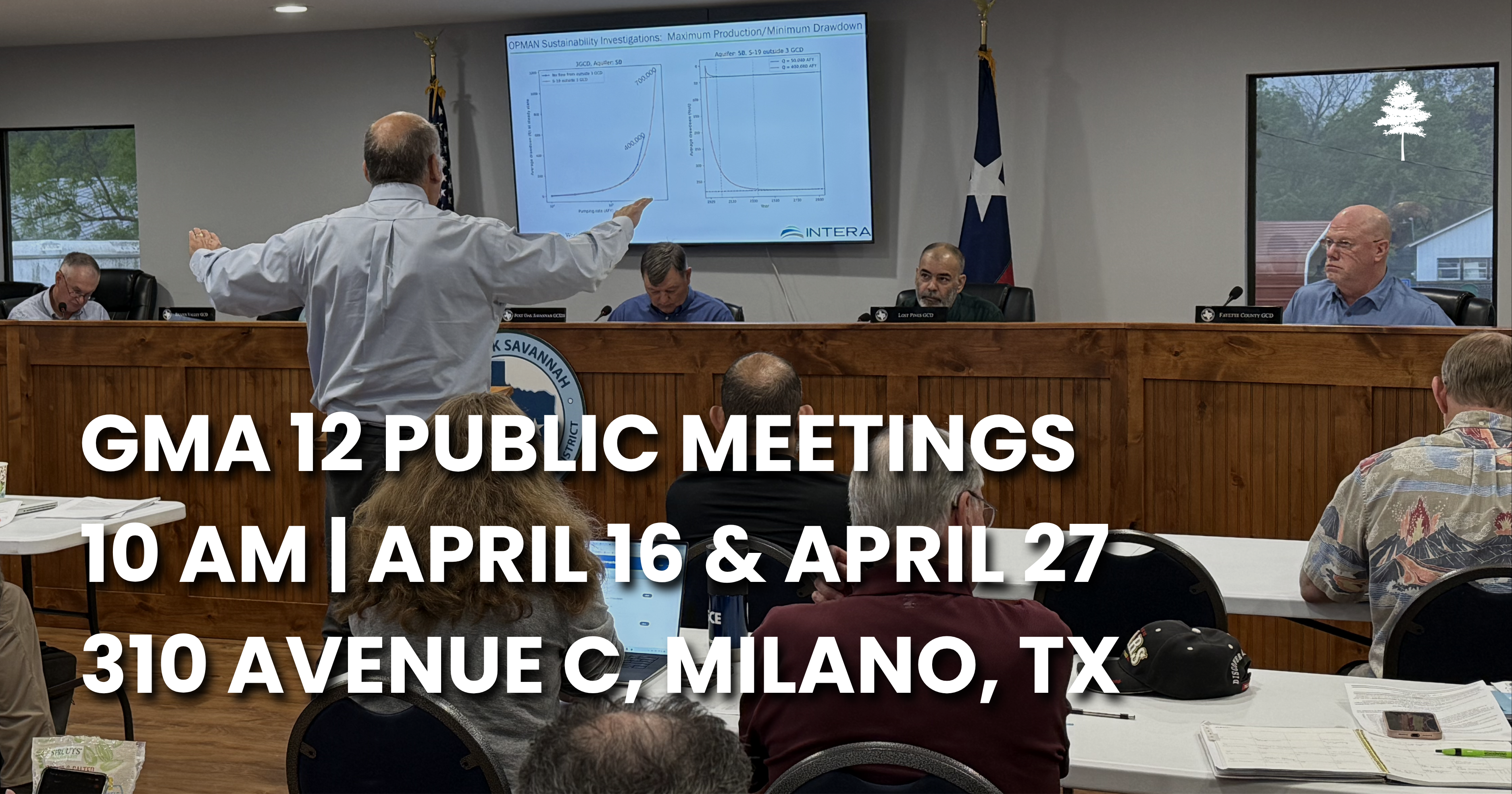 Public meeting with presenter pointing at charts; GMA 12 meetings April 16 and 27, 10 AM, Milano, TX