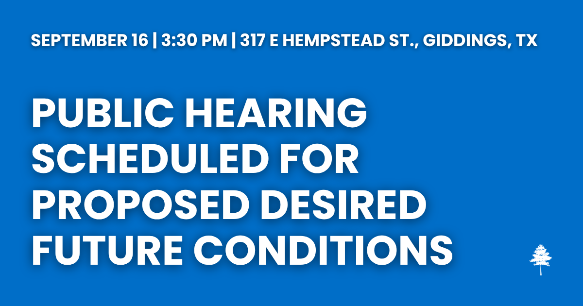Blue graphic announcing a public hearing on proposed Desired Future Conditions on August 19 at 3:30 