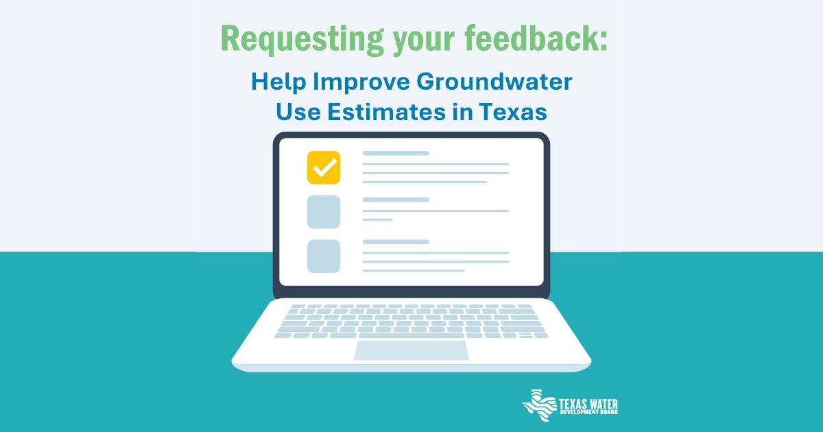 Graphic promoting a Texas groundwater use survey with a laptop illustration.